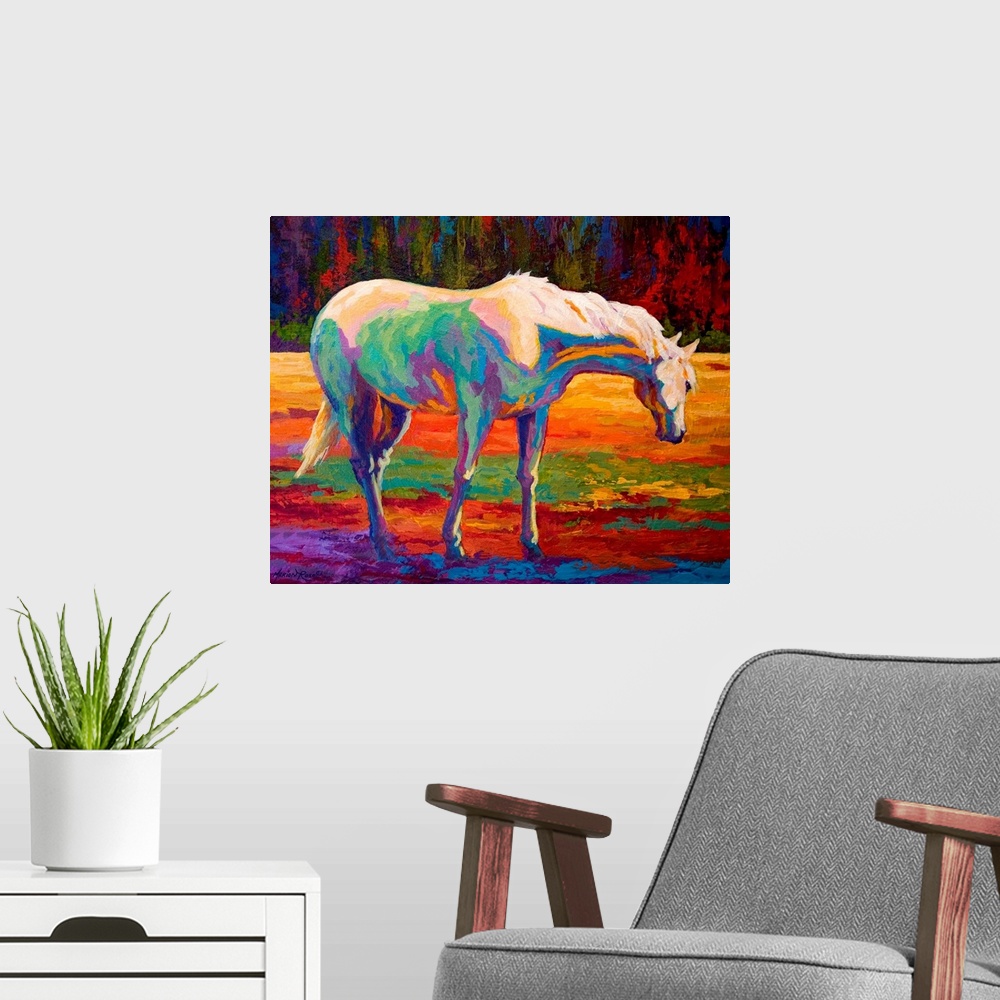 A modern room featuring Large landscape painting of a horse grazing in a field.  Painted with a variety of bright colors ...