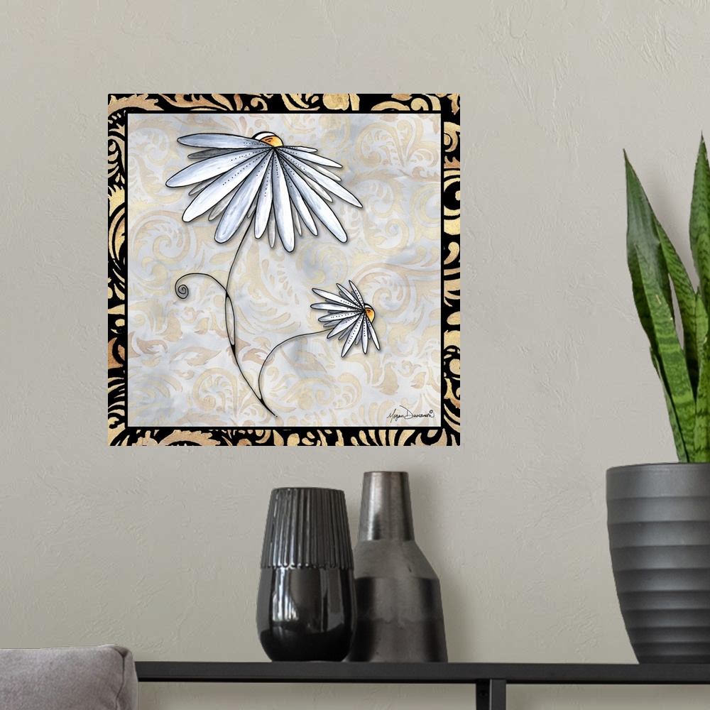 A modern room featuring A decorative panel featuring a painting of two daisy flowers with a damask border.