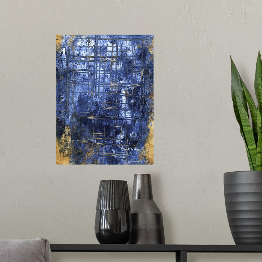 A modern room featuring A contemporary abstract painting that has a gold background and different shades of dark blue on ...