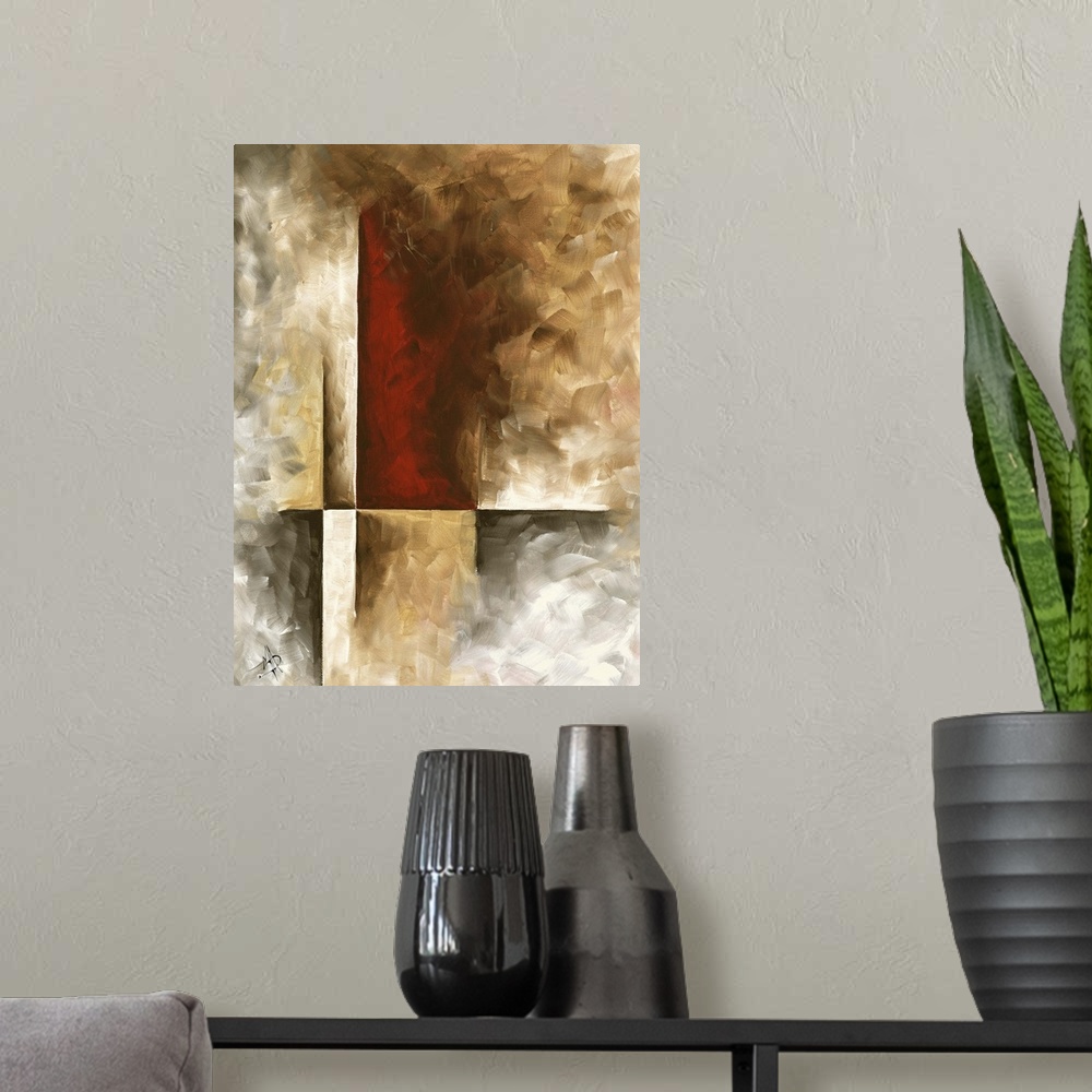 A modern room featuring Contemporary abstract painting in deep, earthy tones with rough texture.
