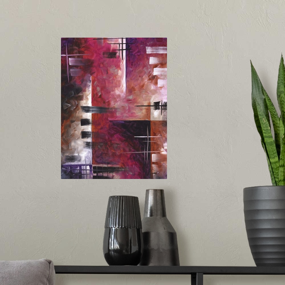 A modern room featuring Contemporary abstract painting using deep purple and red tones and angular geometric shapes.