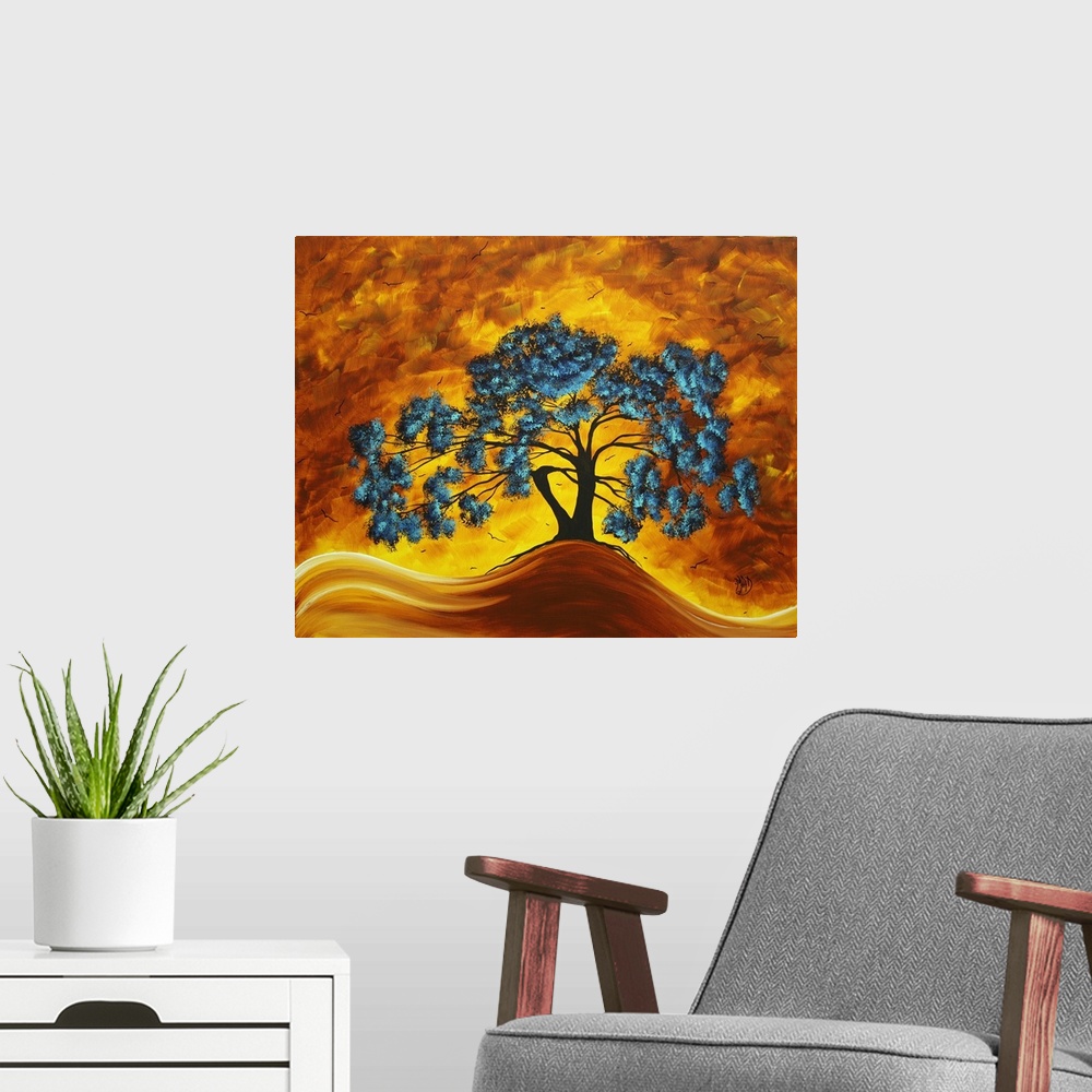 A modern room featuring A massive tree is drawn with blue colored leaves but is surrounded entirely by warmer tones.