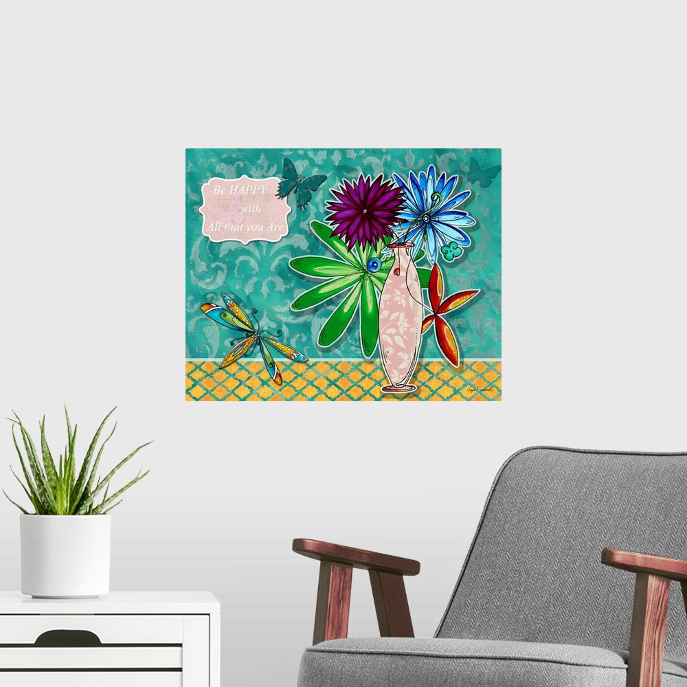 A modern room featuring Cute illustration of a bouquet of flowers on a patterned background, with an inspirational quote ...