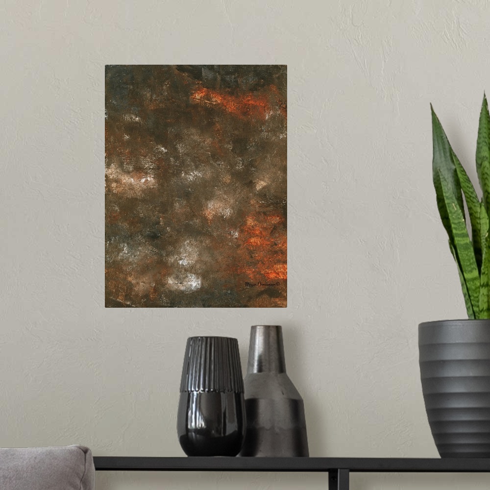 A modern room featuring A contemporary abstract painting that is full of texture and dark hues. There are pops of orange ...