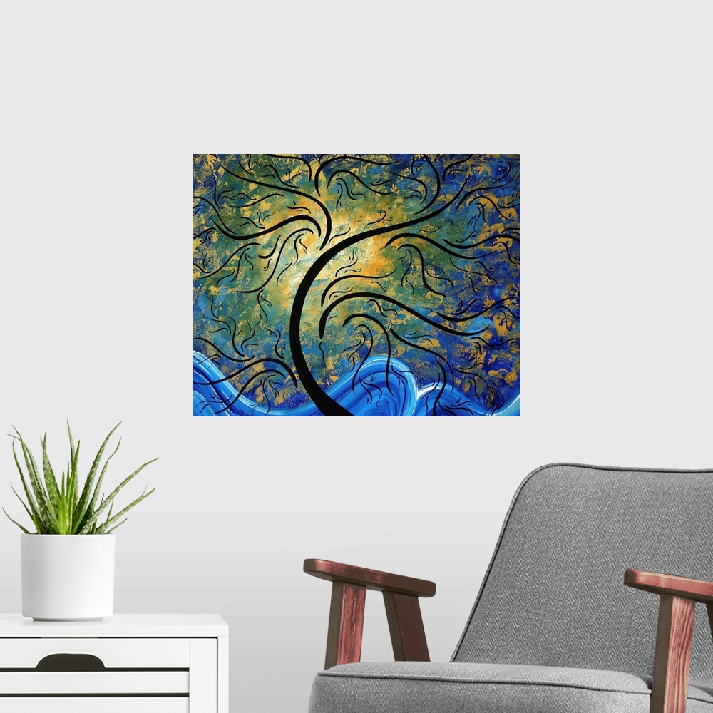 A modern room featuring Abstract artwork of a tree that has golden leaves and the sun just behind it. A wave of blue is p...