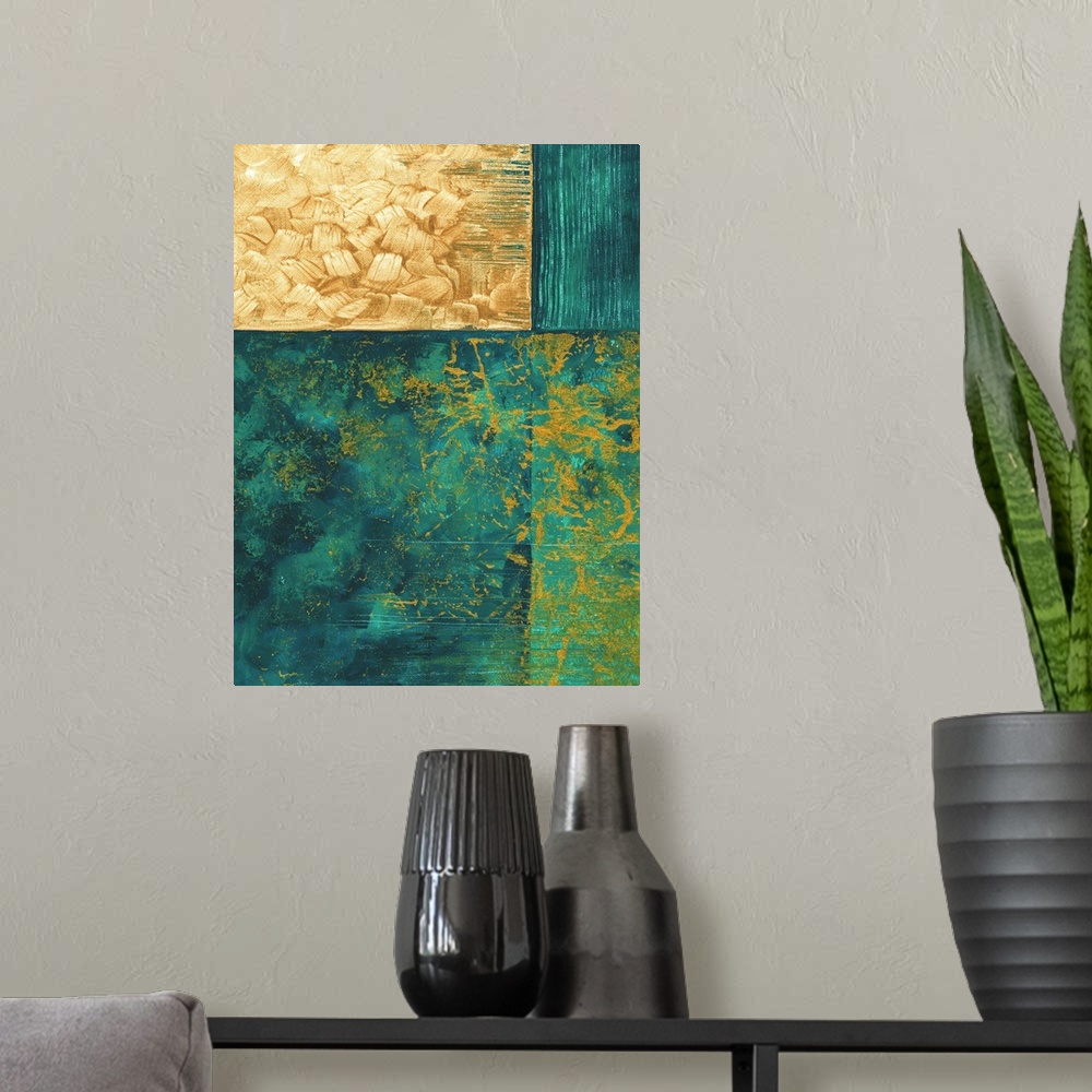 A modern room featuring Contemporary abstract painting using geometric shapes and dark green and gold.
