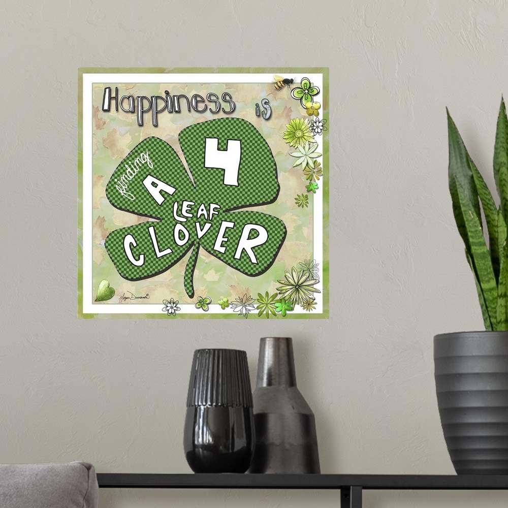 A modern room featuring Whimsical artwork of a large lucky clover with illustrated text.