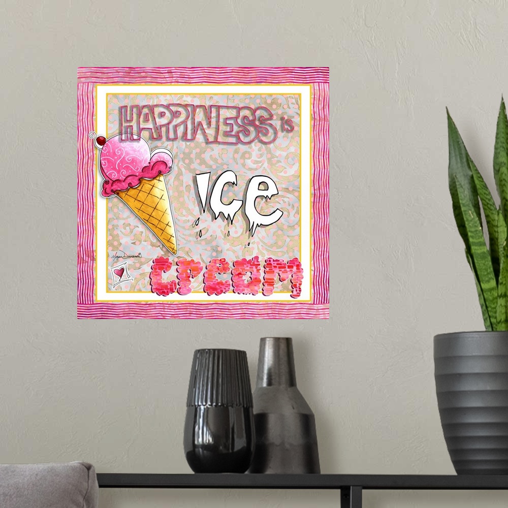 A modern room featuring Charming drawing of an ice cream cone and illustrated text.