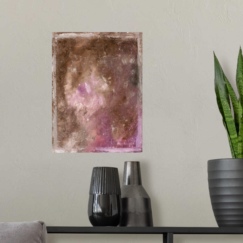 A modern room featuring A contemporary abstract painting that has a brown and grey undertone with bright pinks, purples, ...