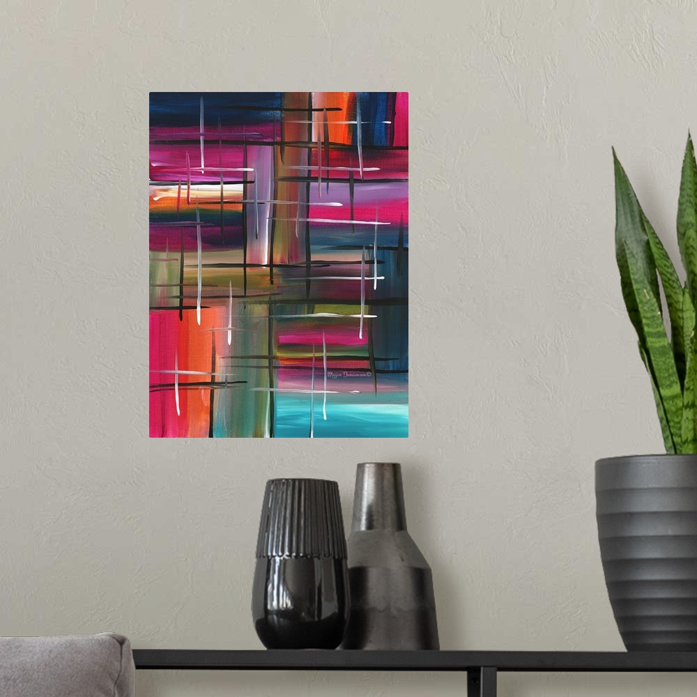 A modern room featuring A fun and playful abstract featuring a variety of both bright and deep hues with brushstrokes in ...