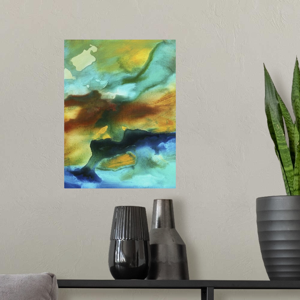 A modern room featuring This is a huge colorful and bold abstract piece. The fluid colors of rust, yellows and turquoise ...