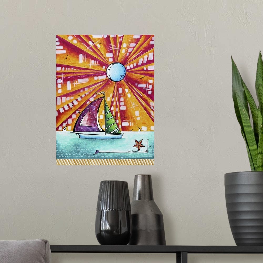 A modern room featuring Contemporary painting of a sailboat with brightly colored sails with a bright sun with large rays...