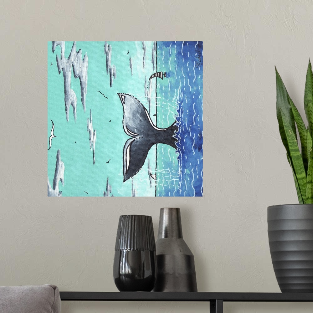 A modern room featuring Contemporary painting of a whales tail sticking up out from the ocean, with sailboats in the dist...