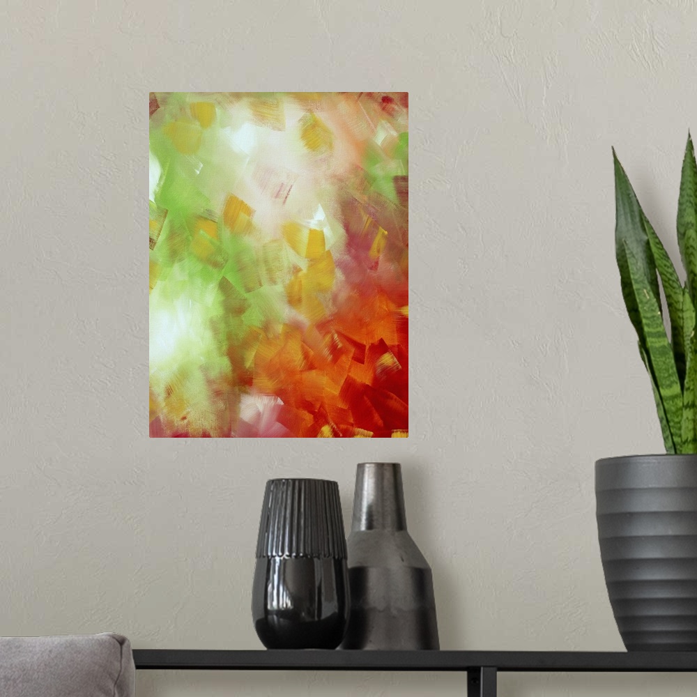 A modern room featuring Portrait, large abstract painting of thick , short brushstrokes in various vibrant colors, poppin...