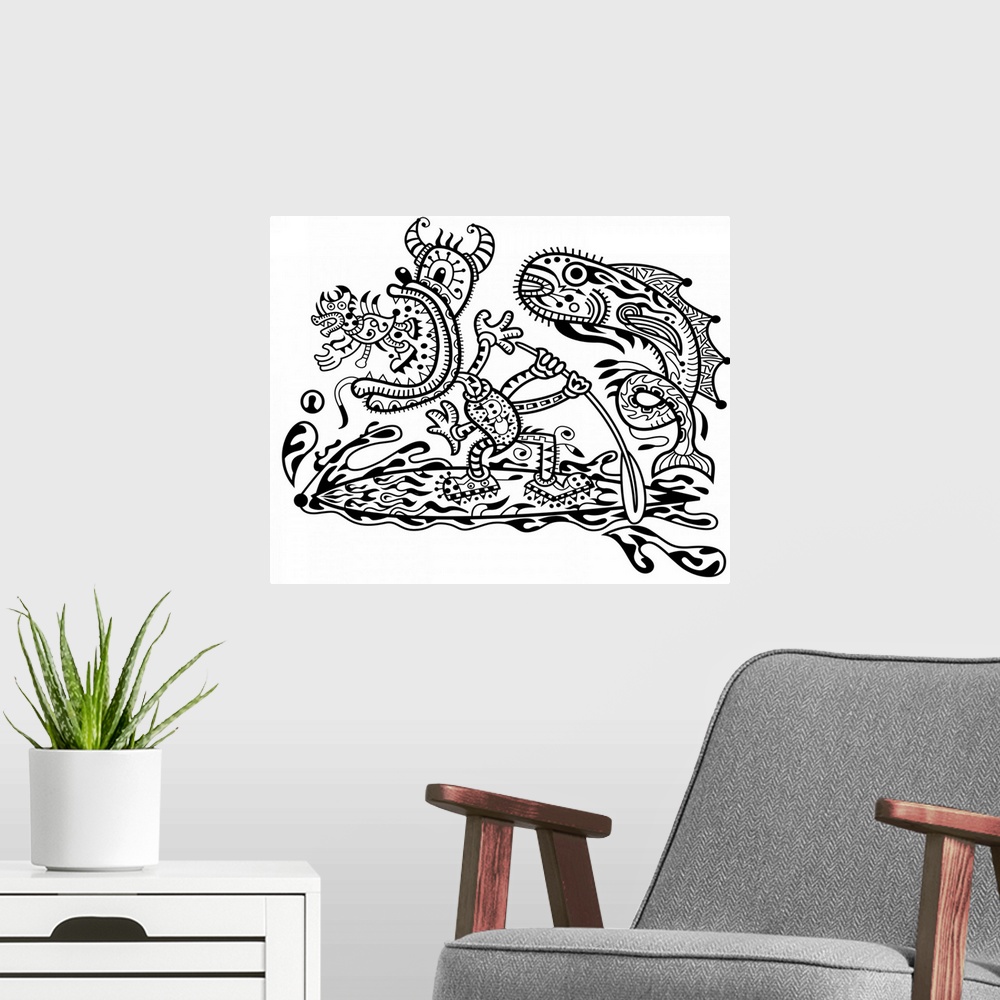 A modern room featuring Contemporary artwork of an intricately designed monster with horns paddle boarding, with a giant ...