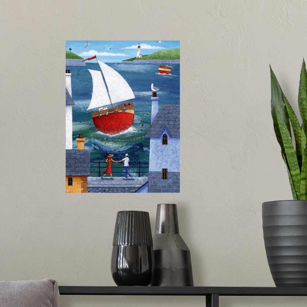 A modern room featuring Contemporary painting of a red sailboat sailing through a harbor town.