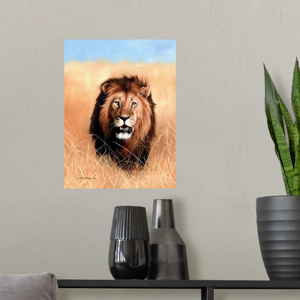 A modern room featuring Oil painting of an African lion in the savannah.
