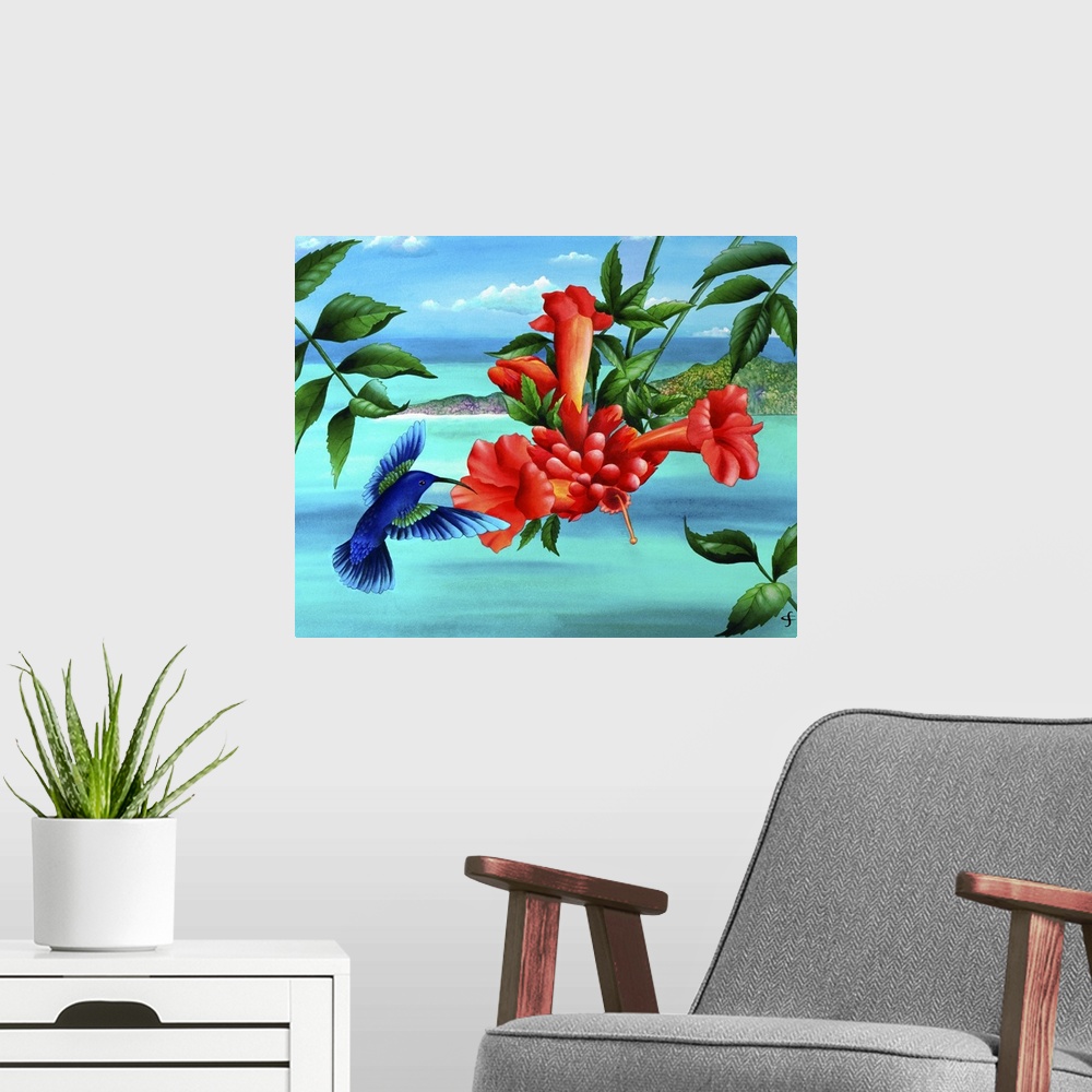 A modern room featuring Artwork of colorful and vibrant red tropical flowers, with a blue hummingbird hovering beside them.