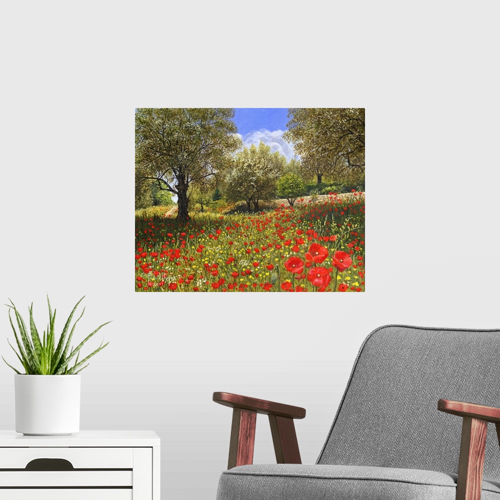 A modern room featuring Contemporary painting of a grove of olive trees among patches of red flowers.