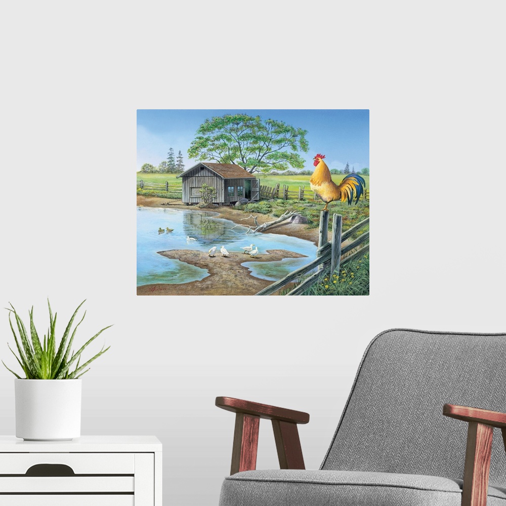 A modern room featuring Contemporary painting of a rooster atop a fence post crowing.