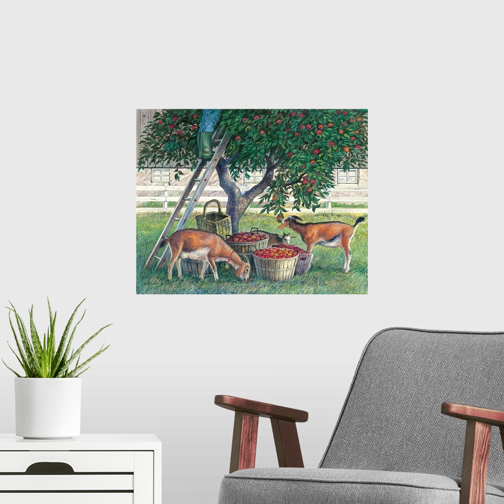 A modern room featuring Contemporary painting of goats getting into baskets of freshly picked apples.