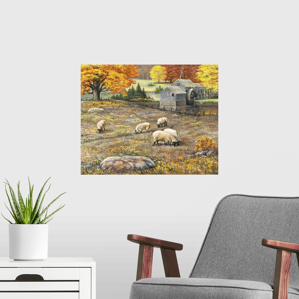 A modern room featuring Painting of woolly sheep in a field in autumn. With a watermill in the background.