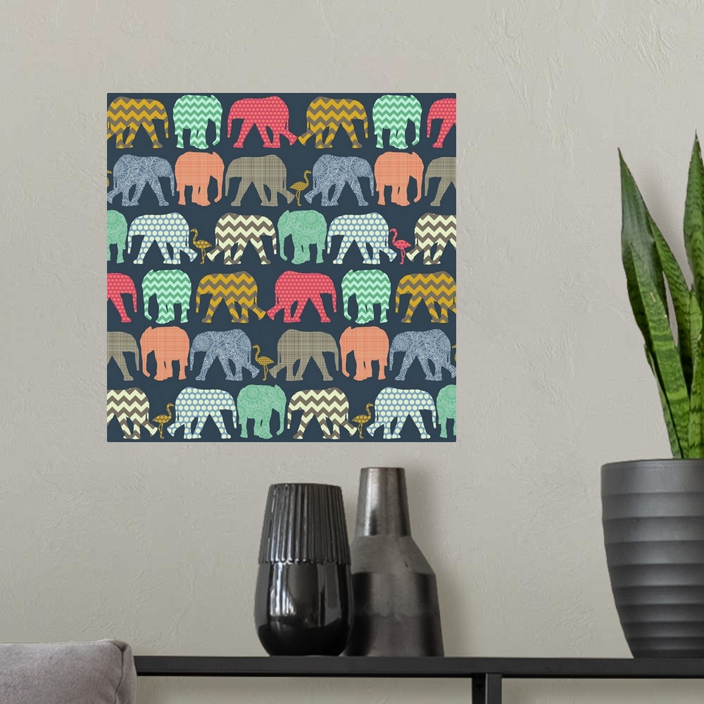 A modern room featuring repeating pattern ~ geo baby elephants and flamingos
