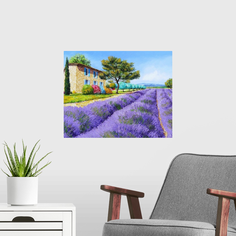 A modern room featuring Contemporary painting of a rural field of lavender crops.