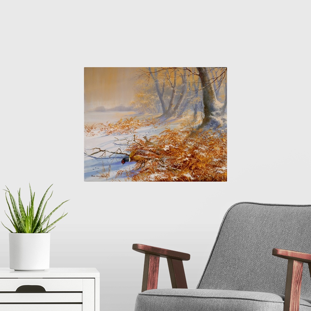 A modern room featuring Contemporary painting of rural landscape in winter.