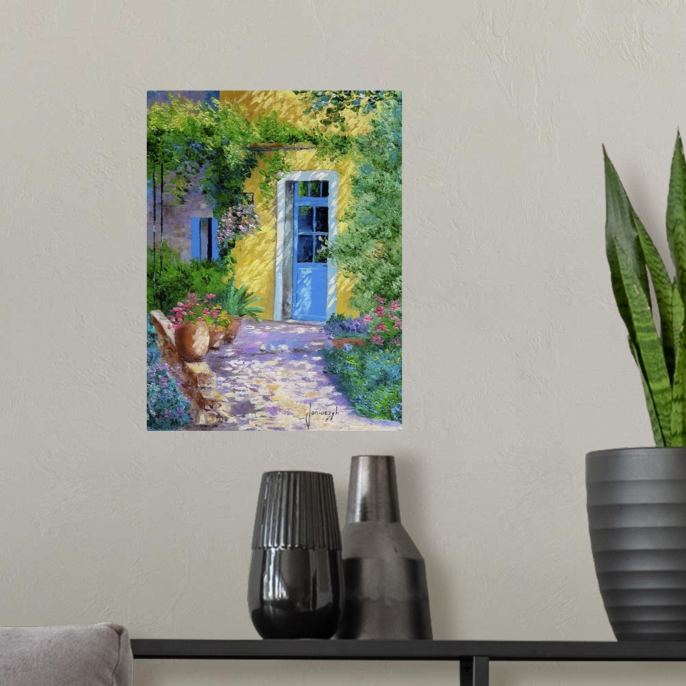 A modern room featuring Contemporary painting of a blue door surrounded by blooming flowers and lush vines.