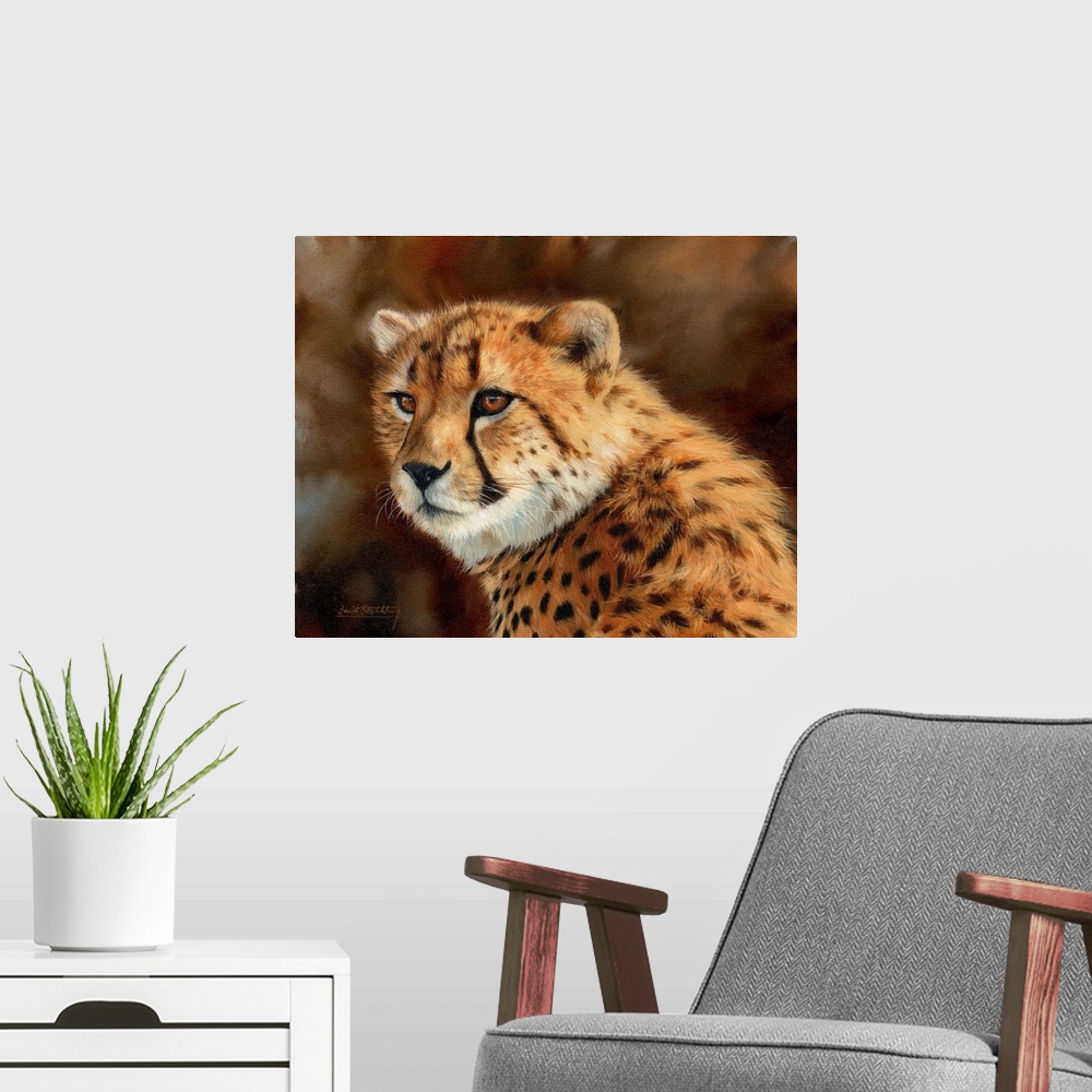 A modern room featuring Contemporary painting of a cheetah looking over its shoulder.