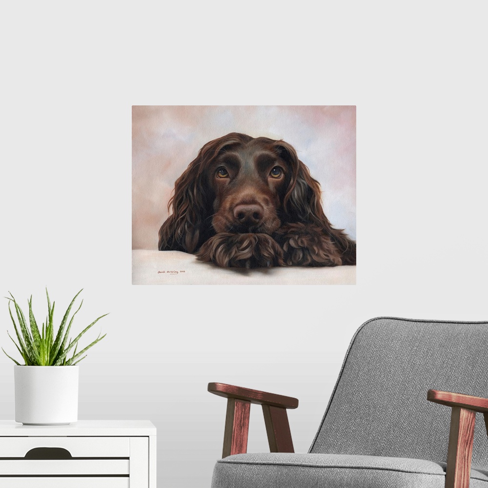 A modern room featuring Oil painting of a Cocker spaniel.