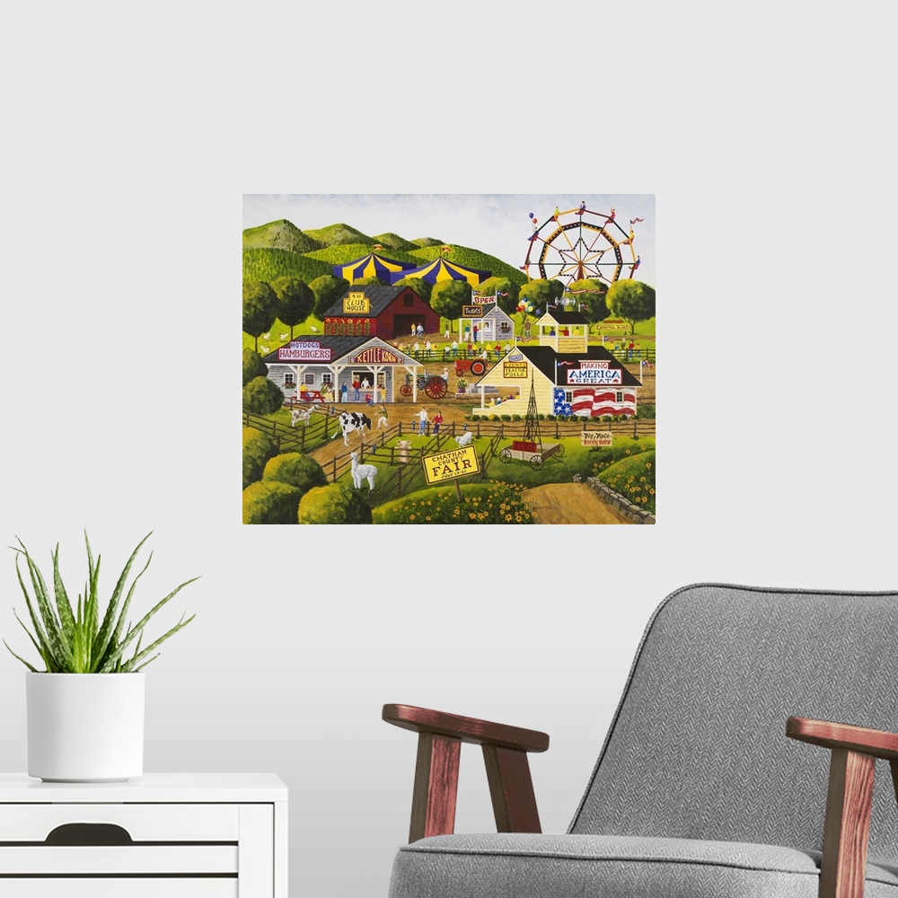 A modern room featuring Americana scene of a county fair with a Ferris Wheel and livestock shows.