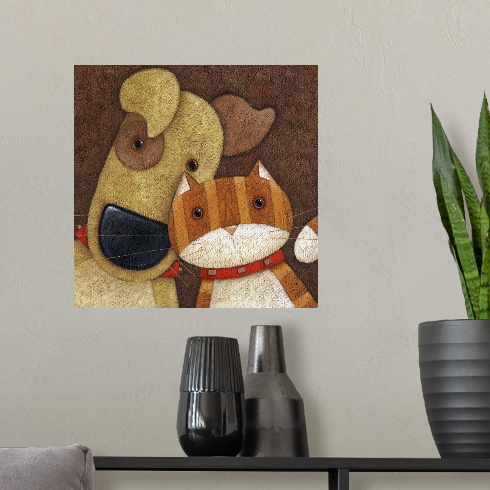 A modern room featuring Contemporary painting of a dog with a spot over his eye next to an orange striped cat.