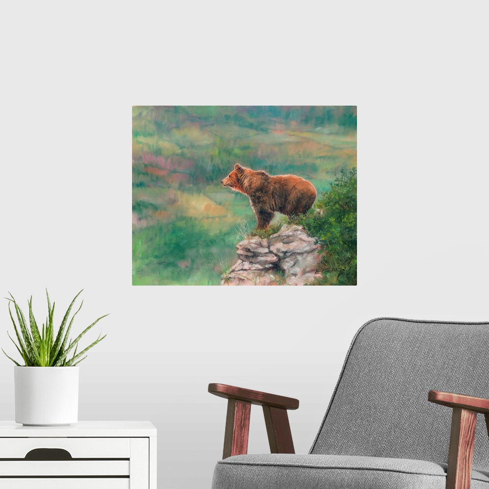 A modern room featuring Contemporary painting of a brown bear atop a rocky overlook.