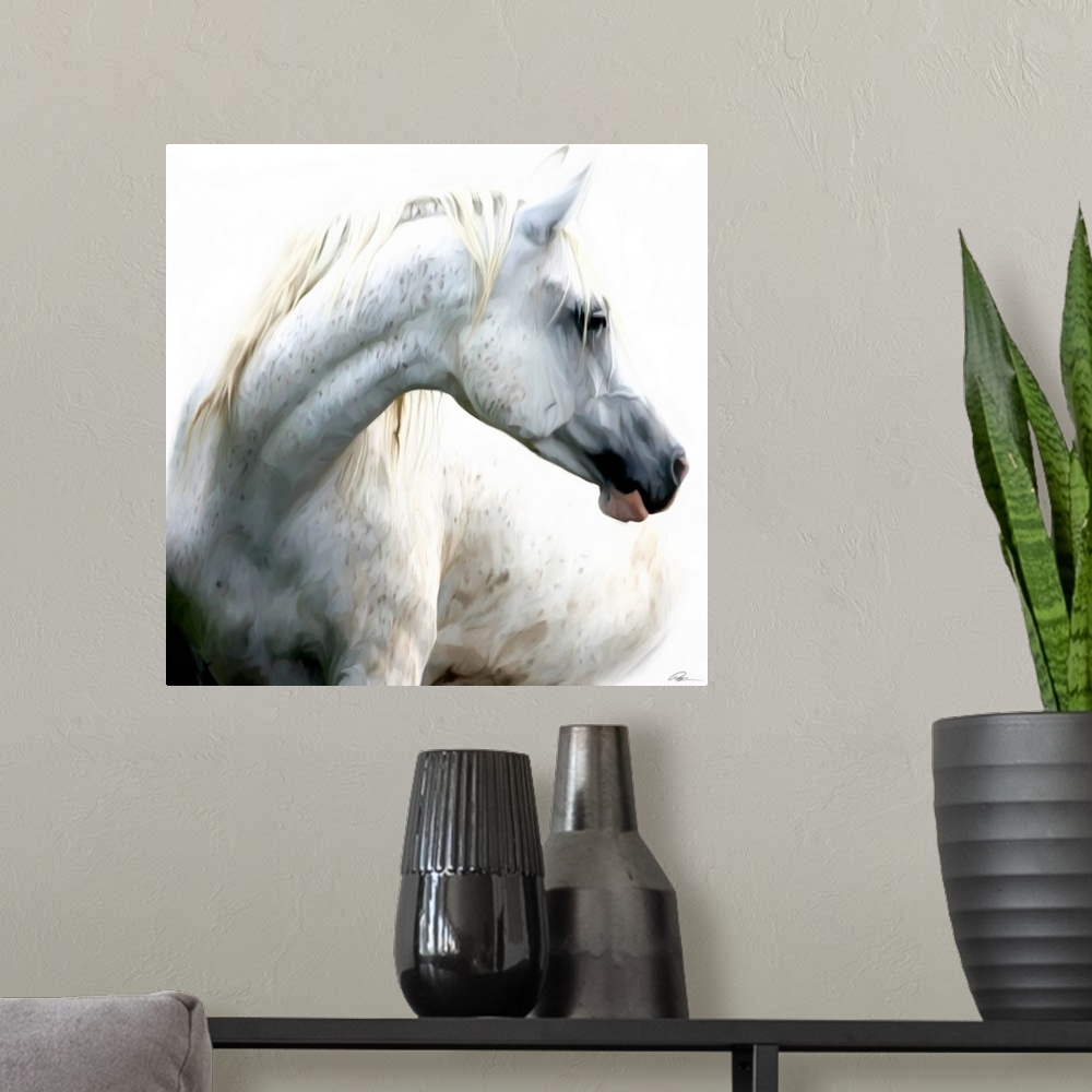 A modern room featuring Contemporary painting of a white horse looking proud and majestic.