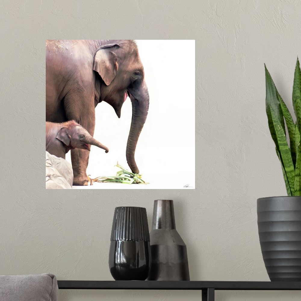 A modern room featuring Contemporary animal art of a baby elephant standing beside its mother.