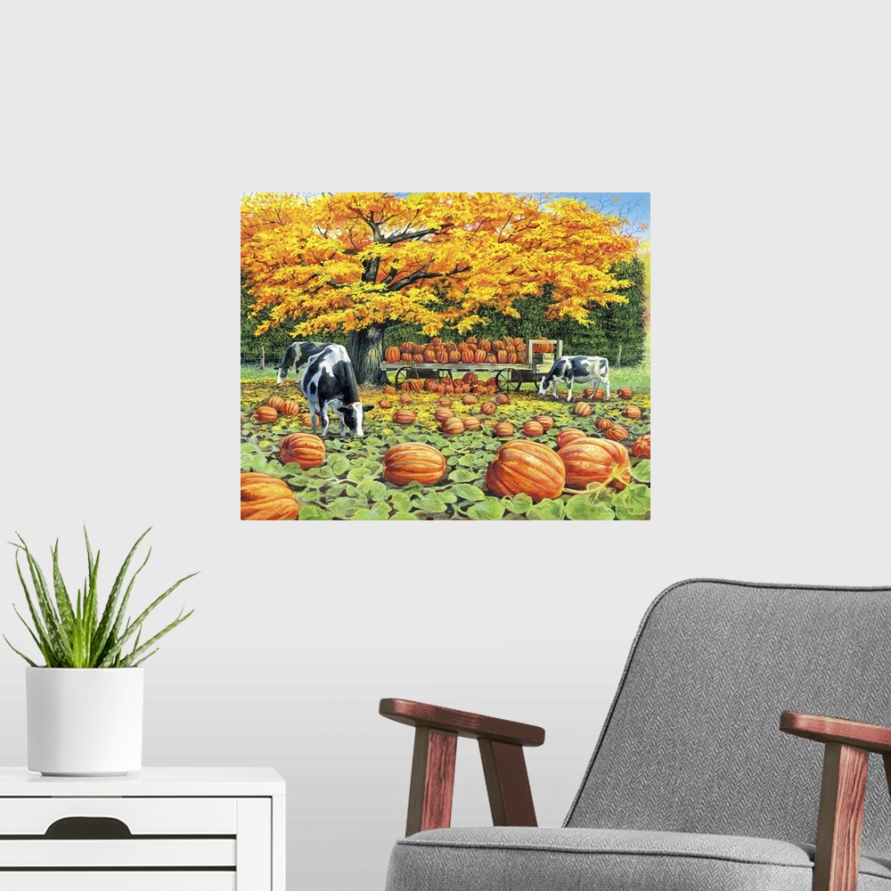 A modern room featuring Contemporary painting of cows grazing in a pumpkin patch in autumn.