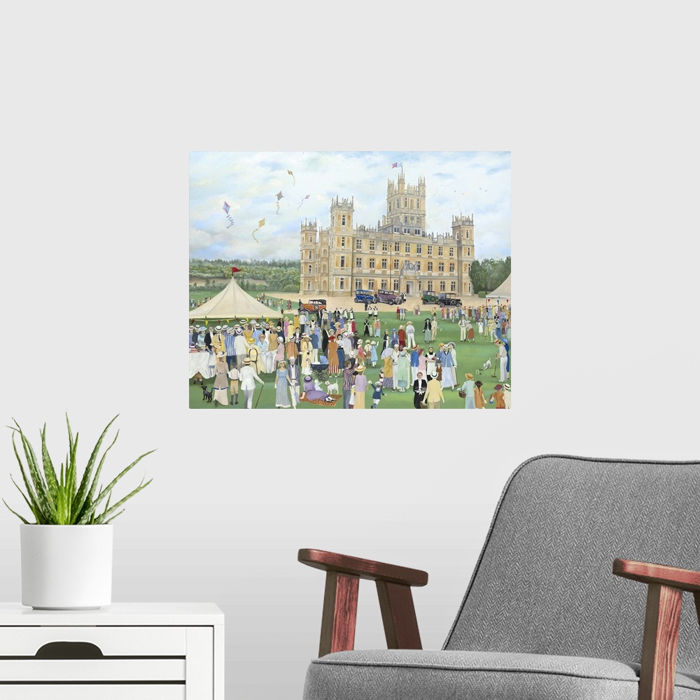 A modern room featuring Contemporary painting of people gathered for good times outside Highclere Castle.