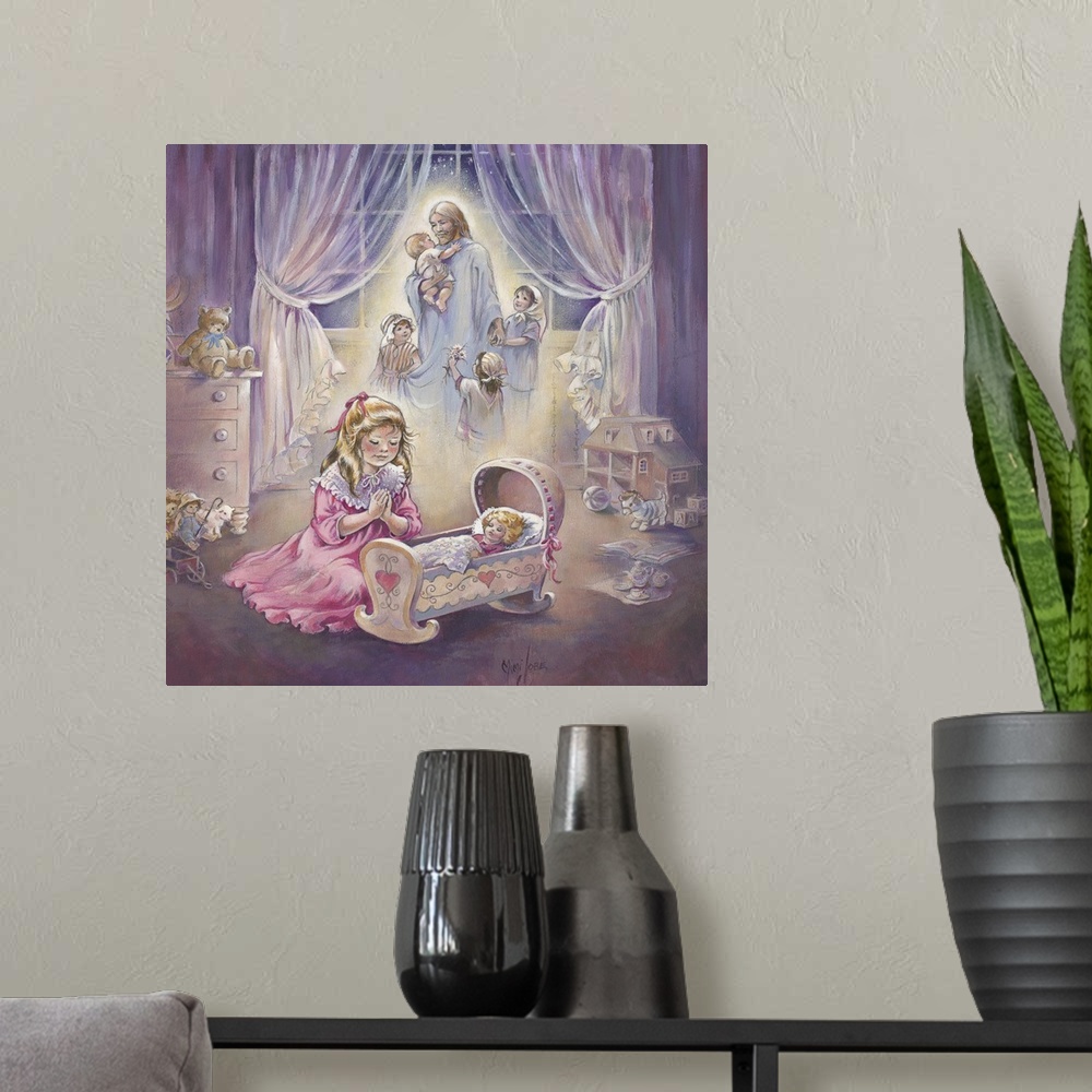 A modern room featuring Contemporary whimsical artwork of a little girl playing with her toys.