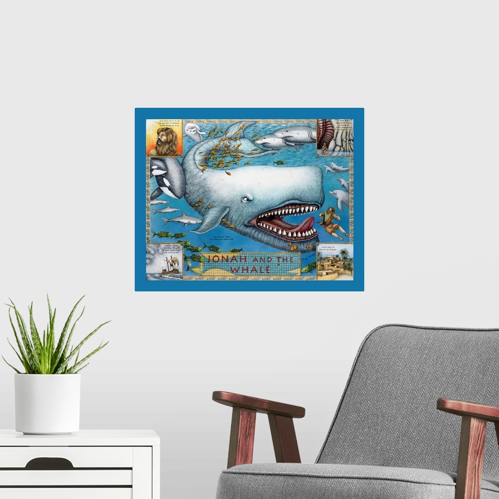 A modern room featuring Educational illustration of the biblical story of Jonah and the Whale.