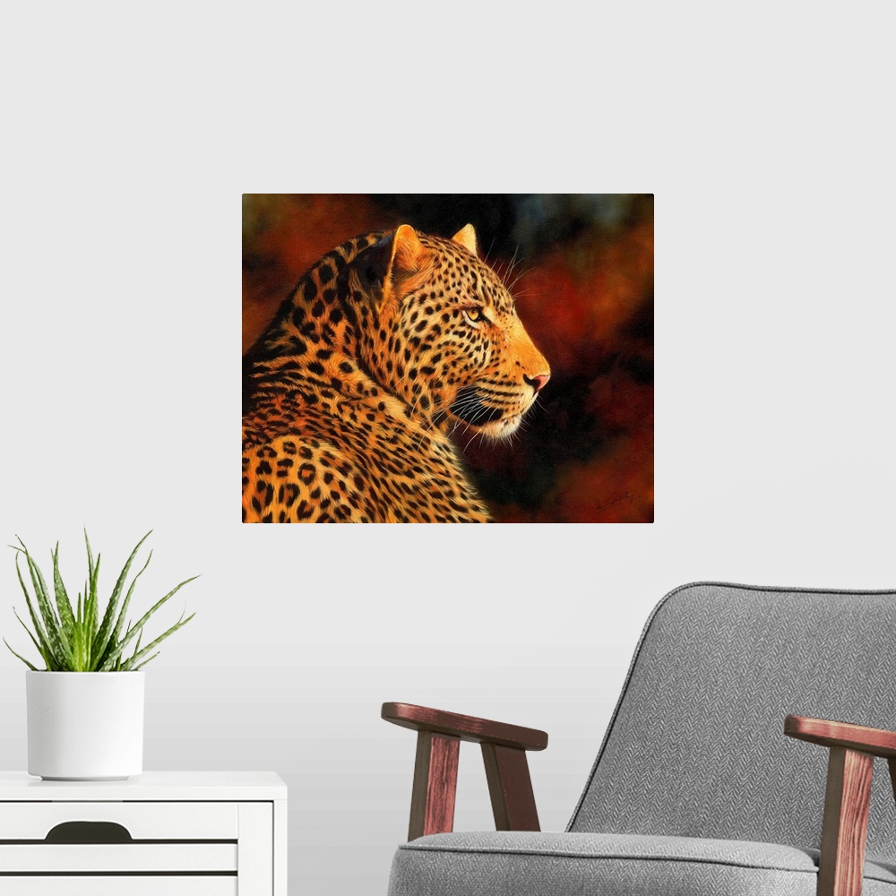 A modern room featuring Contemporary painting of a leopard illuminated in a warm light.