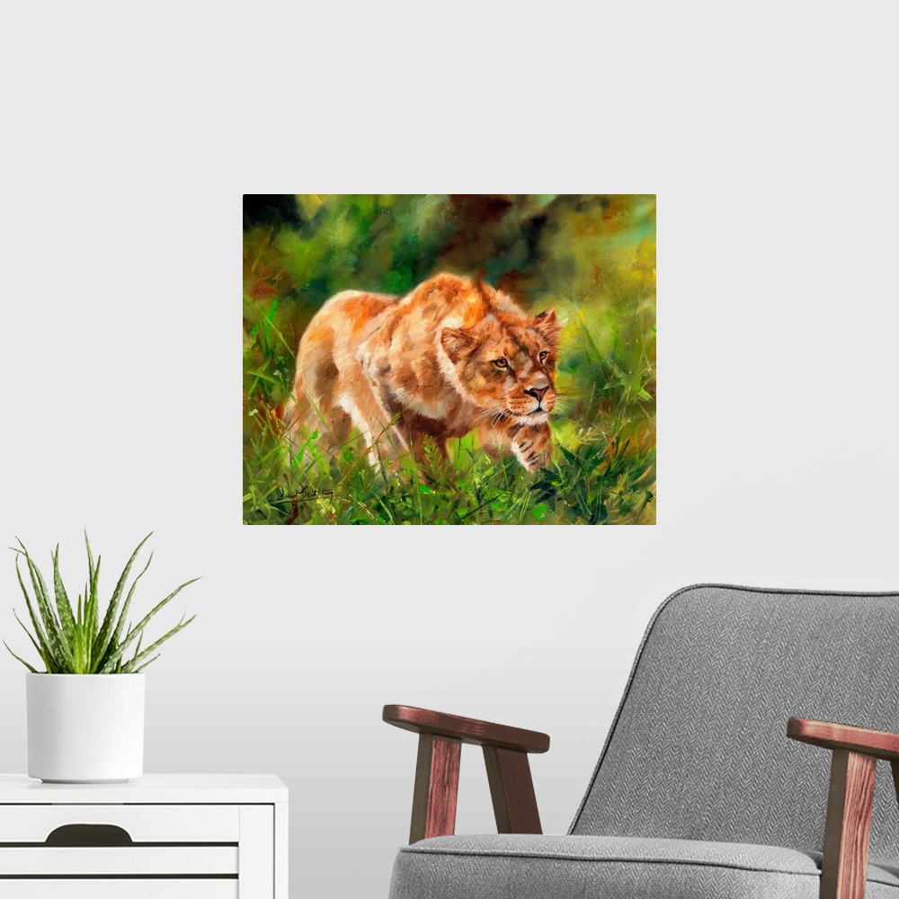 A modern room featuring Lioness stalking in verdant undergrowth.