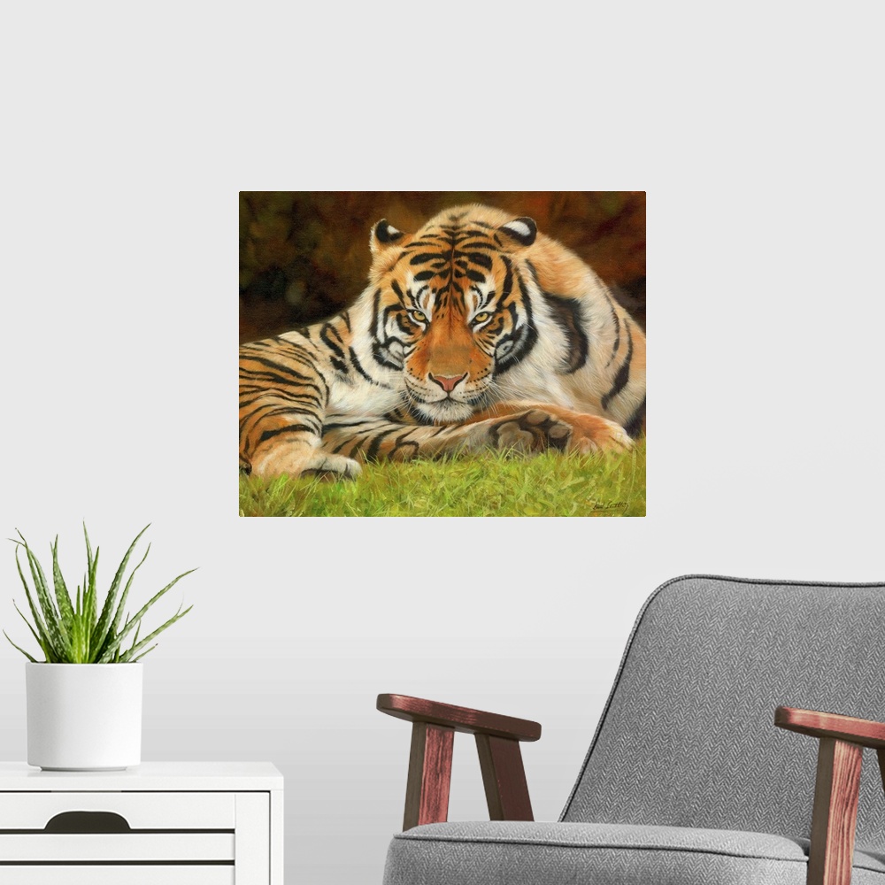 A modern room featuring Painting of a tiger laying on the grass looking proud and majestic.