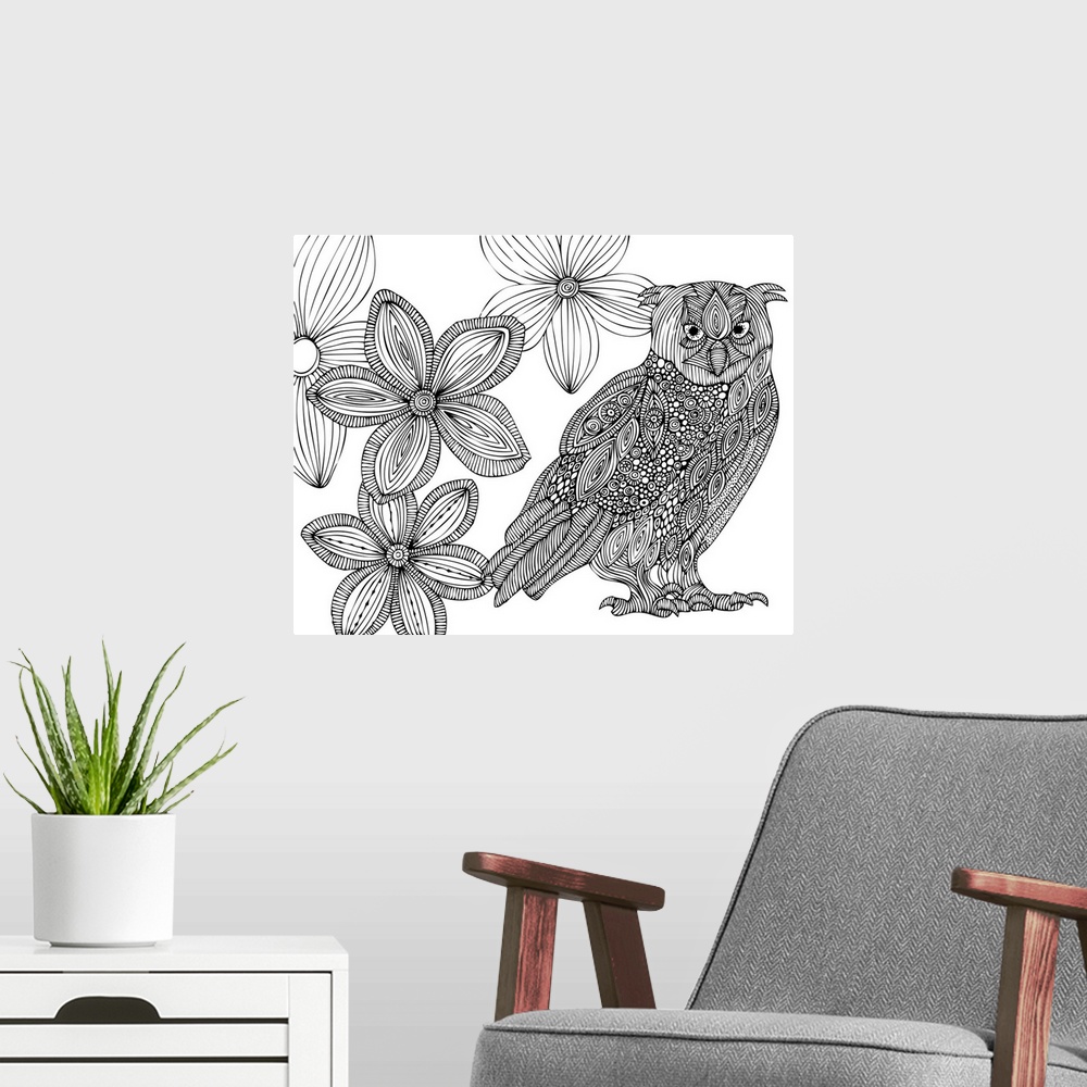 A modern room featuring Contemporary line art of an ornately patterned owl and flowers against a white background.