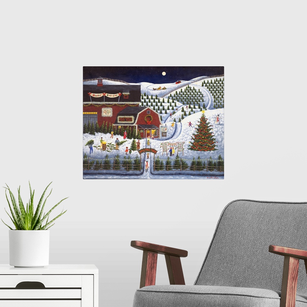 A modern room featuring Americana scene of a Christmas Tree farm on a busy winter night.