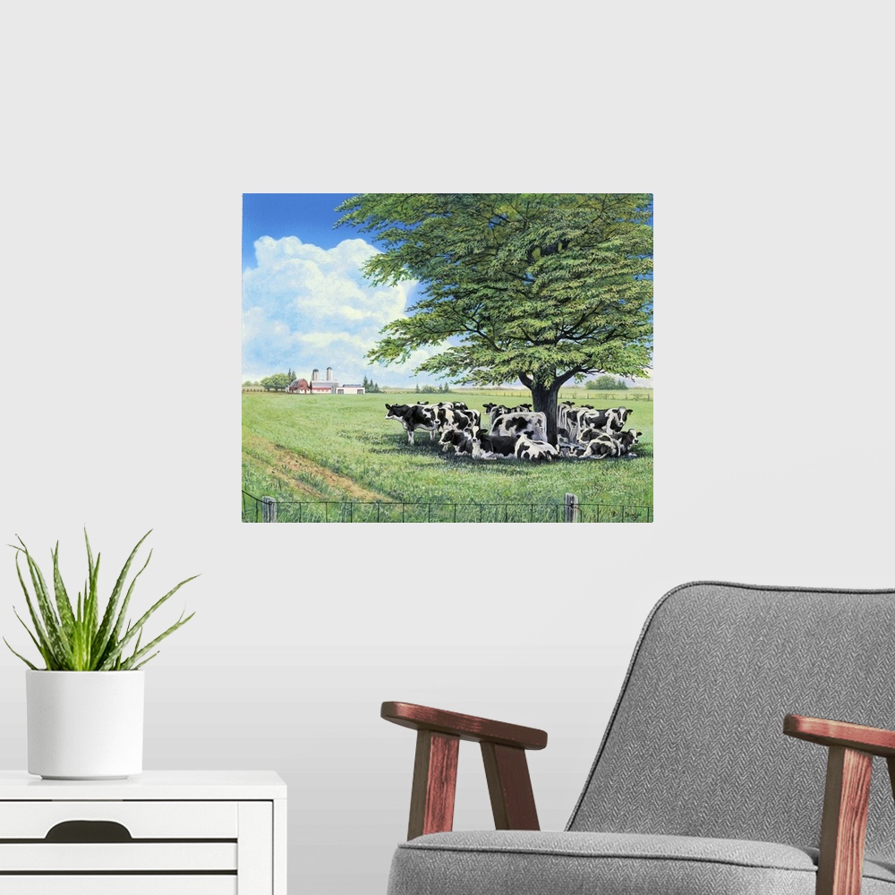 A modern room featuring Contemporary painting of a herd of cows under the shade of a lone tree in a field.