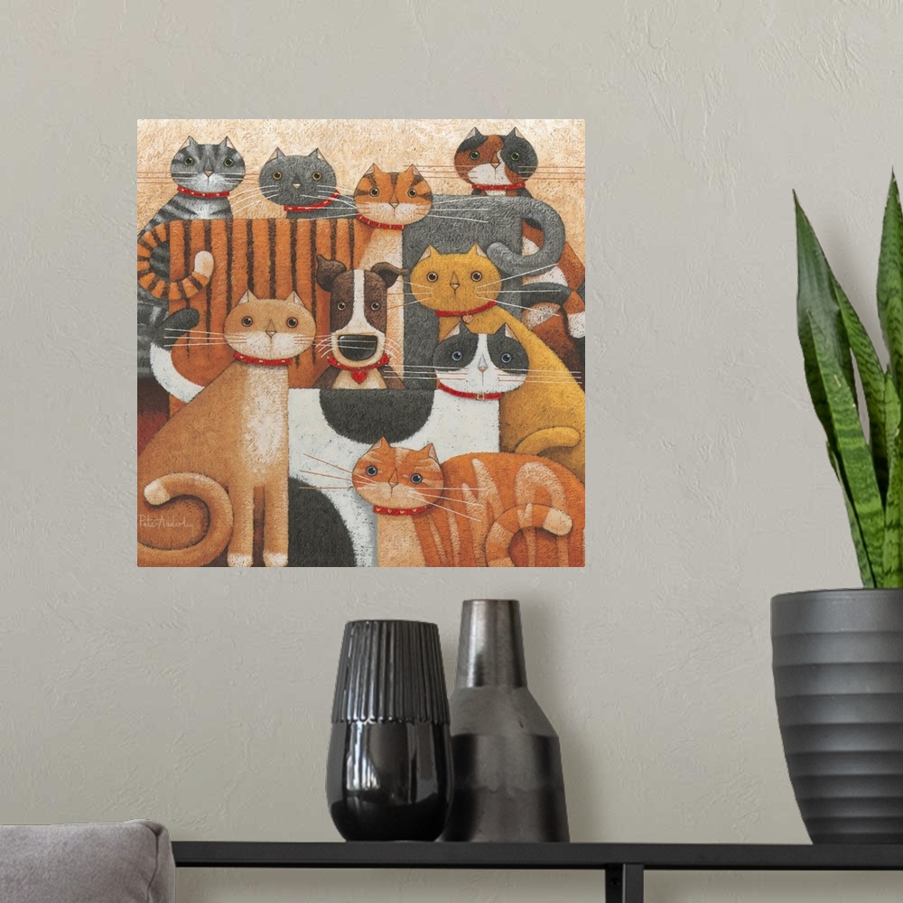 A modern room featuring Contemporary painting of a group of cats with a dog sitting in the middle of them.