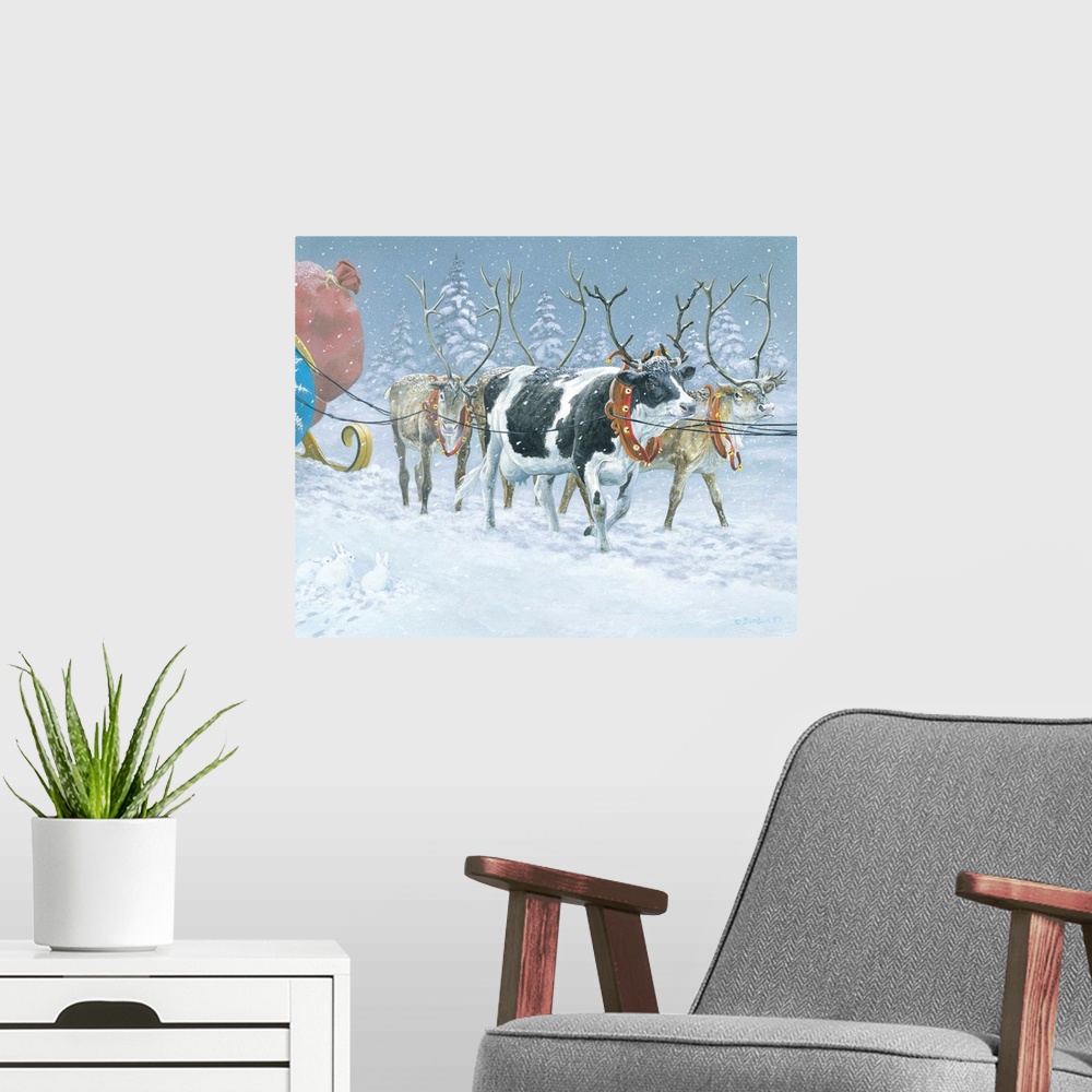 A modern room featuring Contemporary painting of a cow wearing fake antlers joining the reindeer on Santa's sleigh.