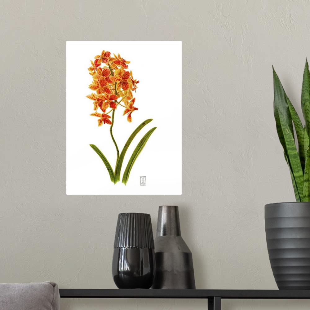 A modern room featuring Contemporary artwork of a vibrant orange flower against a white background.